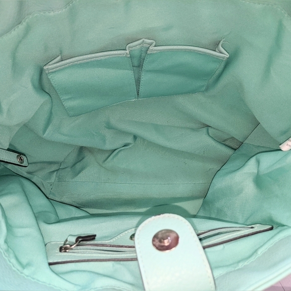 Ellen Tracy Faux Leather Tote Shoulder Bag Purse Turquoise With Floral Trim - Picture 12 of 13